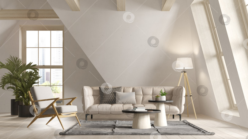 Скачать 3d иллюстрация интерьера мансардной комнаты белого цвета фотосток Ozero