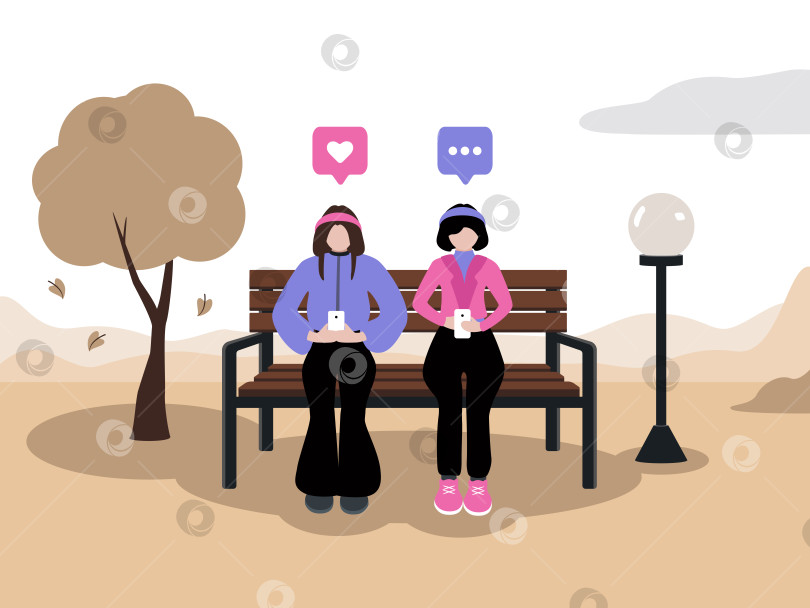 Скачать Две девушки сидят в телефонах осенним днем фотосток Ozero