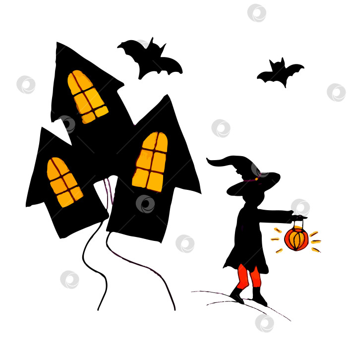 Скачать Ведьма с фонарем в руке, летучими мышами и страшным домом. Волшебная векторная иллюстрация. Каракули на Хэллоуин. фотосток Ozero