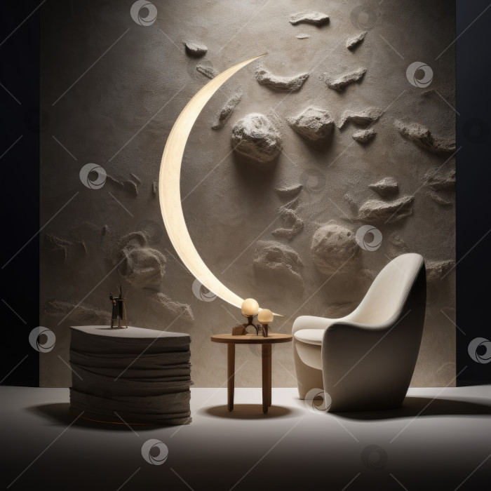 Скачать Яркая лунная лампа освещает темную комнату, создавая уютную атмосферу с креслом и декором. Созданный искусственный интеллект. фотосток Ozero