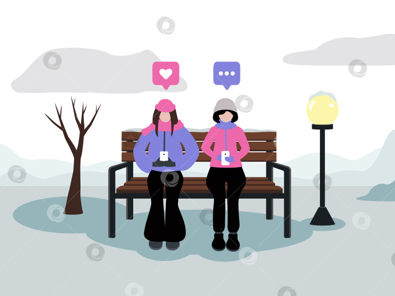 Скачать Две девушки сидят в телефонах в течение дня зимой фотосток Ozero