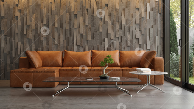 Скачать Интерьер современной гостиной с диваном в 3D-рендеринге фотосток Ozero