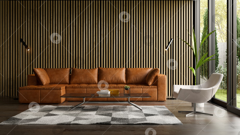 Скачать Интерьер современной гостиной с диваном 3d рендеринг фотосток Ozero