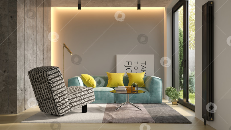Скачать Интерьер современной гостиной с диваном в 3D-рендеринге фотосток Ozero