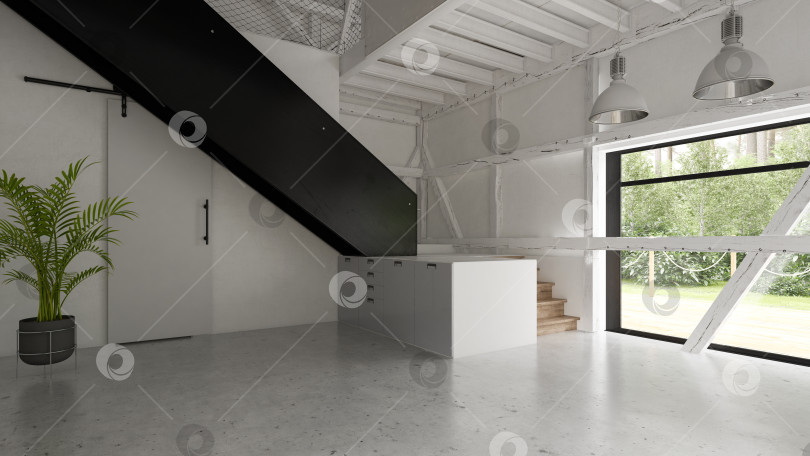Скачать 3D рендеринг интерьера пустого дома-амбара фотосток Ozero