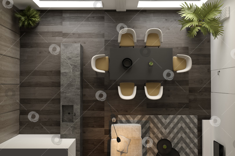 Скачать Вид сверху Черный минималистский интерьер современной гостиной с 3D-рендерингом фотосток Ozero