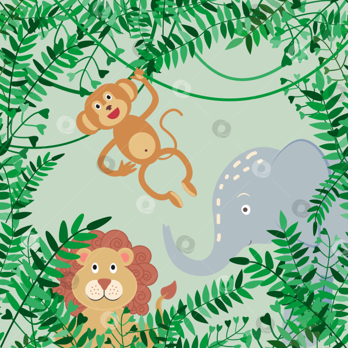 Скачать Векторная иллюстрация джунглей, ветвей, обезьяны, висящей на лианах, льва и слона на зеленом фоне. фотосток Ozero