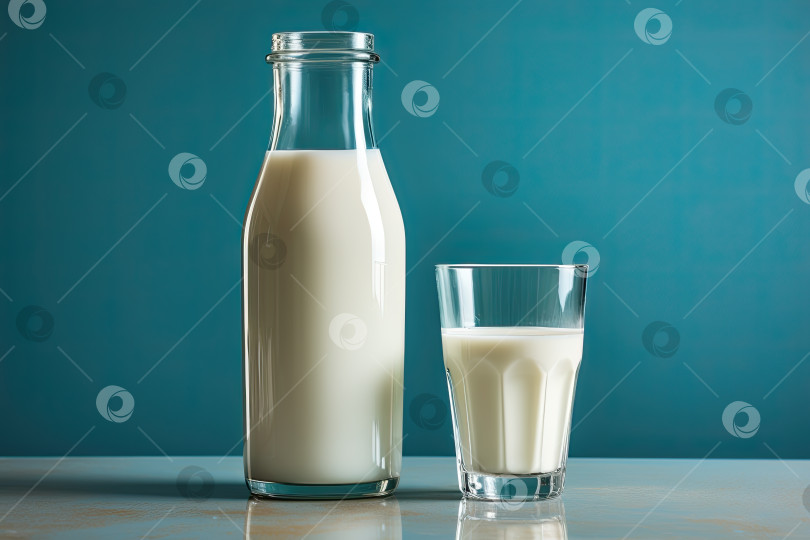 Скачать Свежее молоко в стакане и бутылке на синем фоне. Порождающий искусственный интеллект фотосток Ozero