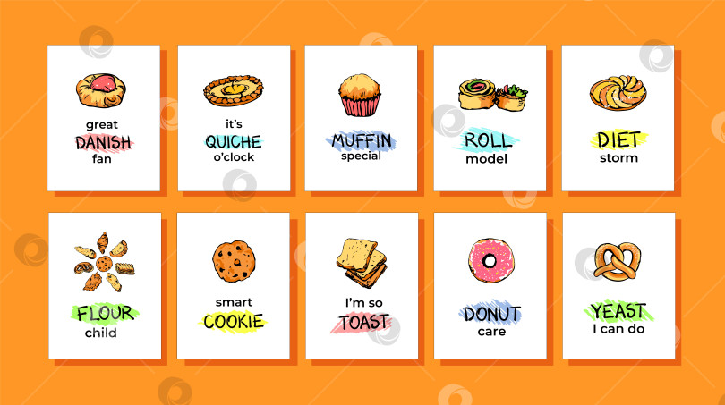 Скачать Набор забавных каламбурных принтов для пекарни или открыток фотосток Ozero