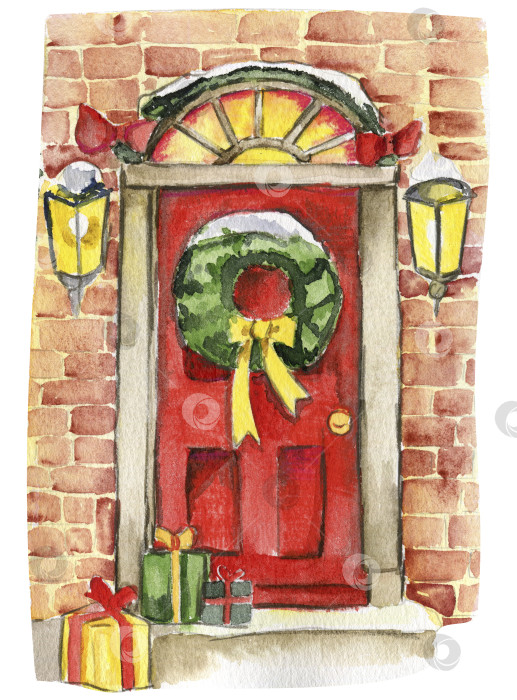 Скачать Красная дверь с подсветкой и рождественским венком. Акварельная рождественская иллюстрация от руки для открыток, фонов, скрапбукинга и вашего дизайна. Идеально подходит для приглашения на свадьбу. фотосток Ozero