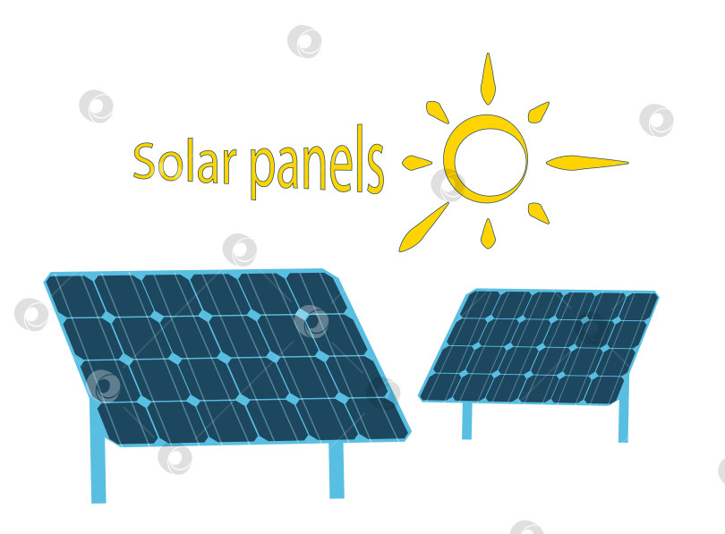 Скачать Электростанция на солнечных фотоэлектрических панелях. Возобновляемый устойчивый фотоэлектрический солнечный парк для выработки энергии в окружении солнца и городского горизонта. Изолированная векторная иллюстрация на белом фоне. фотосток Ozero