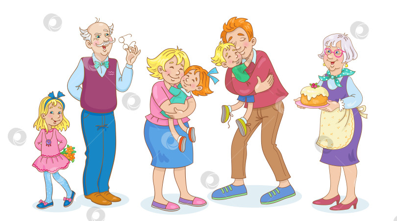 Скачать Большая дружная семья. Мама, папа, две дочери, сын, бабушка с тортом и дедушка. фотосток Ozero