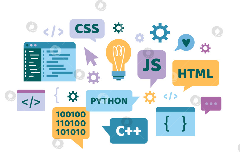 Скачать Концепция языков компьютерного программирования или разработки программного обеспечения. Векторная мультяшная иллюстрация с кодирующими символами и окнами программирования. Информационные технологии и вычислительная техника, квартира фотосток Ozero