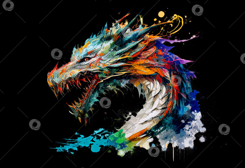 Скачать нарисованная голова дракона на черной бумаге, профиль, разноцветный фотосток Ozero