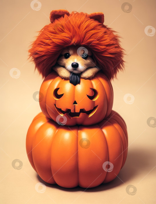 Скачать Маленькая собачка в костюме тыквы на Хэллоуин, игрушка фотосток Ozero