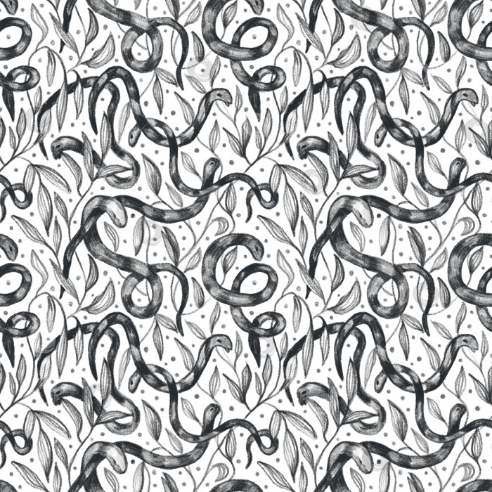 Скачать Бесшовный узор в виде змеи, нарисованный карандашами от руки в винтажном стиле. Модный дизайн для ткани, бумаги, текстиля, обоев. Черно-белая иллюстрация. фотосток Ozero