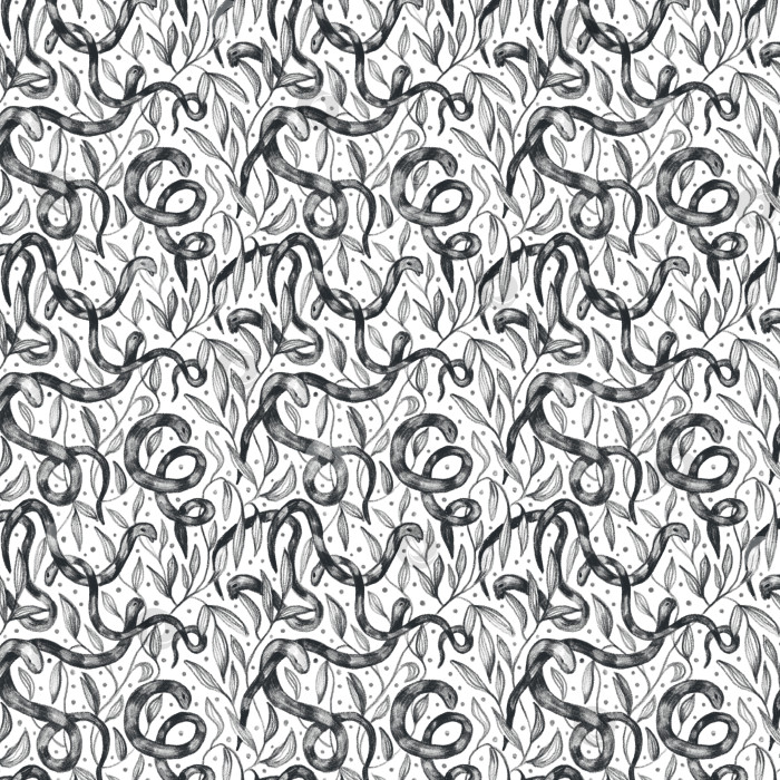 Скачать Бесшовный узор в виде змеи, нарисованный карандашами от руки в винтажном стиле. Модный дизайн для ткани, бумаги, текстиля, обоев. Черно-белая иллюстрация. фотосток Ozero