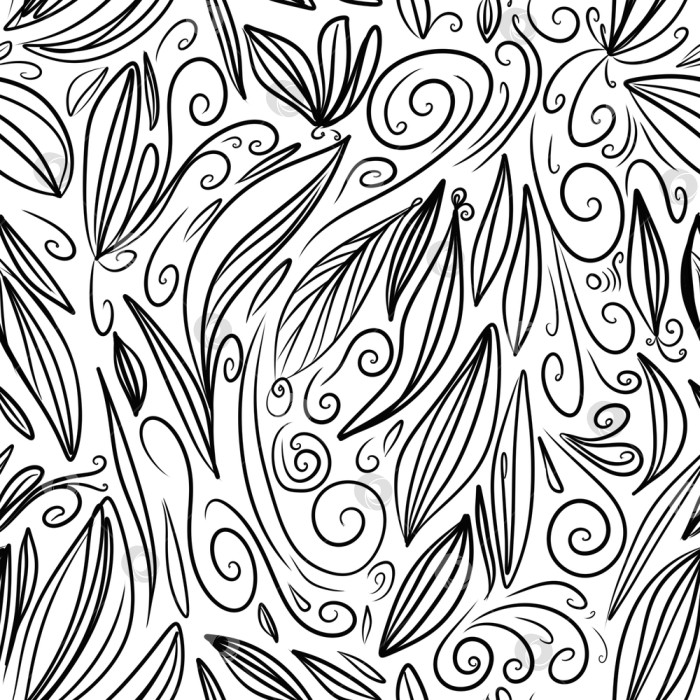 Скачать Бесшовный черно-белый узор из веточек, листьев и нарисованных от руки завитков. Дизайн тканей, текстиля, обоев, заставок. Красивый этнический орнамент. фотосток Ozero