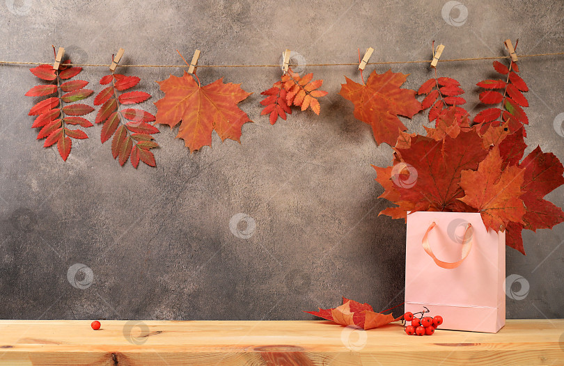 Скачать Креативная осенняя композиция с кленовыми листьями и пустым деревянным столом для демонстрации товара, осенняя концепция в минималистичном стиле, экранный баннер. Счастливый день благодарения и поздравительная открытка, выборочный фокус фотосток Ozero