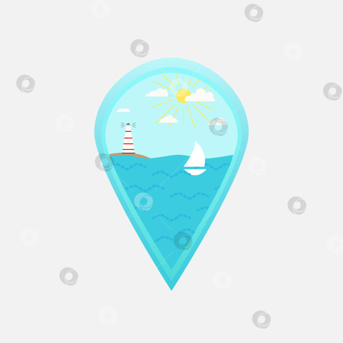 Скачать Векторная красочная иллюстрация булавки к карте с изображением моря, корабля и маяка. фотосток Ozero
