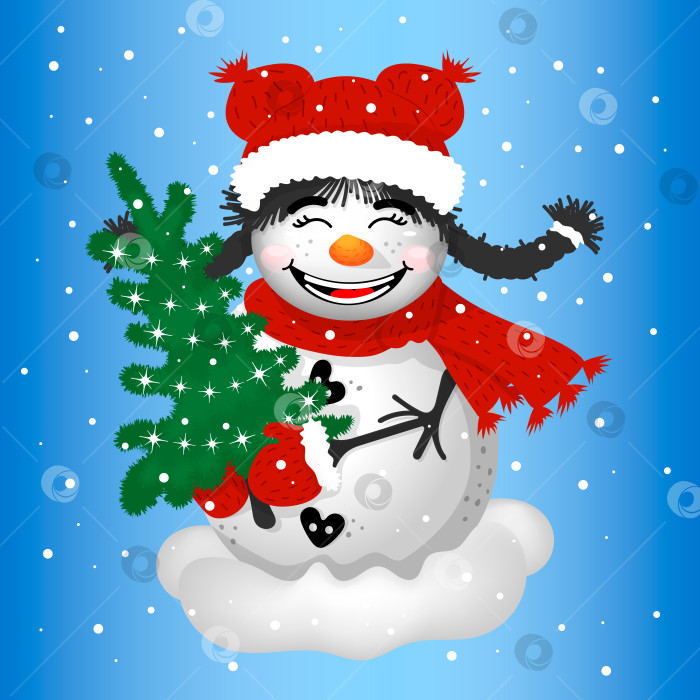 Скачать Фон зимнего праздника с девушкой-снеговиком в шапке и шарфе фотосток Ozero