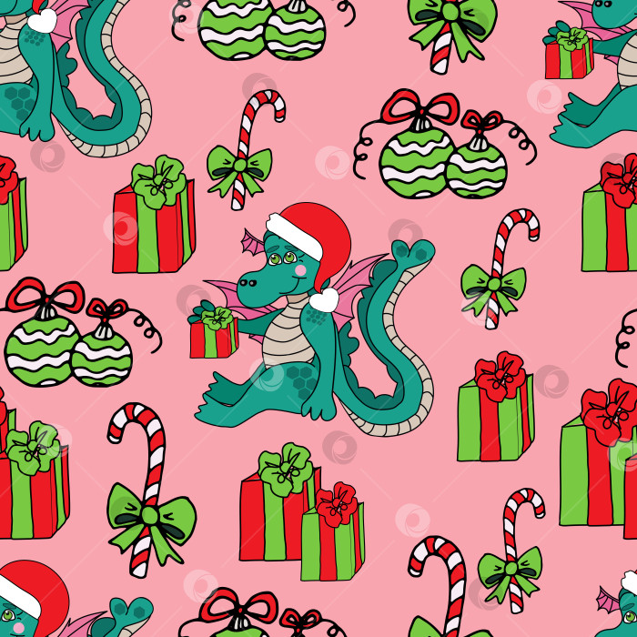 Скачать узор "дракон" с подарками, карамелью и рождественскими шарами фотосток Ozero