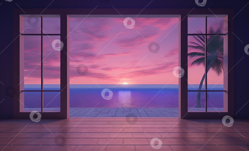 Скачать Открытое окно с тропическим пейзажем и океаном в стиле vaporwave. Фиолетовый закат в комнате в стиле 90-х, рамка для спокойного отдыха. Сгенерированный искусственный интеллект. фотосток Ozero