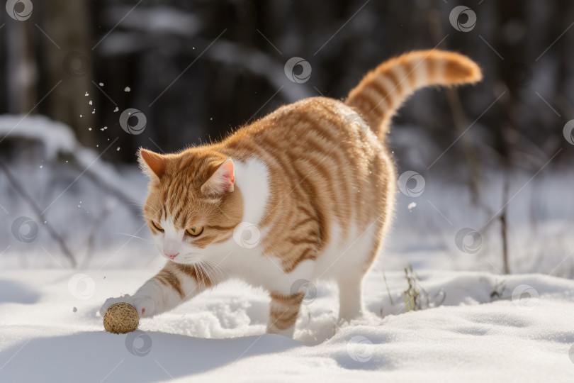 Скачать Кошка играет в снегу в зимнее время года. Милый котенок развлекается с белым снегом. Сгенерированный искусственный интеллект. фотосток Ozero