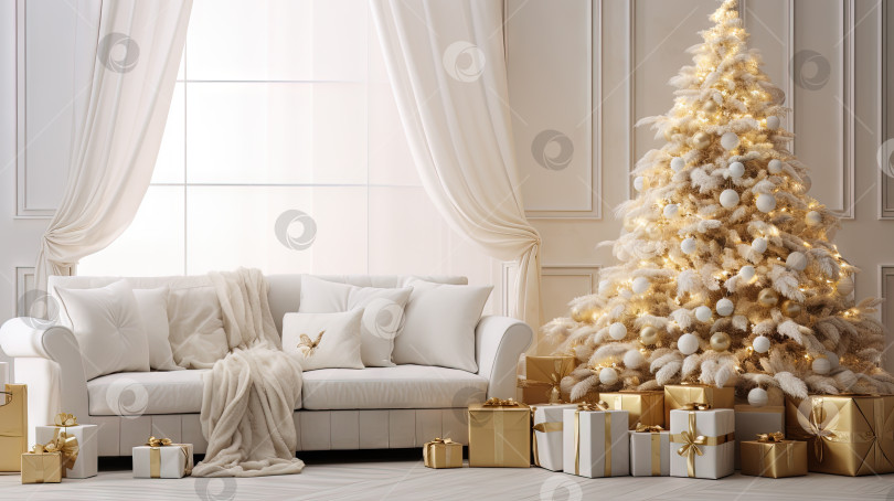 Скачать Рождественская елка с подарками в светлой комнате утром. Зимние каникулы в светлом интерьере. Сгенерированный искусственный интеллект. фотосток Ozero