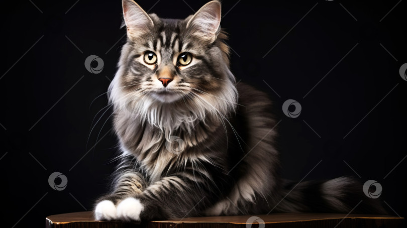 Скачать Красивая взрослая домашняя кошка полосатого окраса сидит на темном фоне. Созданный искусственным интеллектом фотосток Ozero