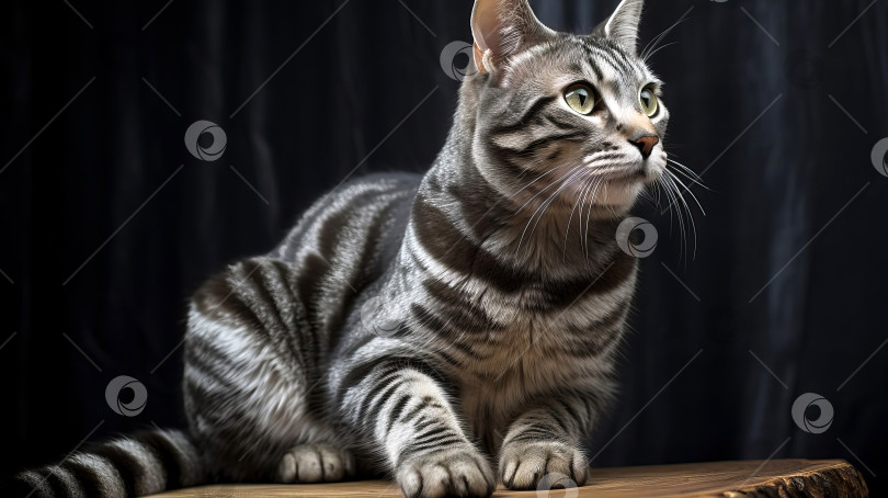 Скачать Красивая взрослая домашняя кошка полосатого окраса сидит на темном фоне. Созданный искусственным интеллектом фотосток Ozero