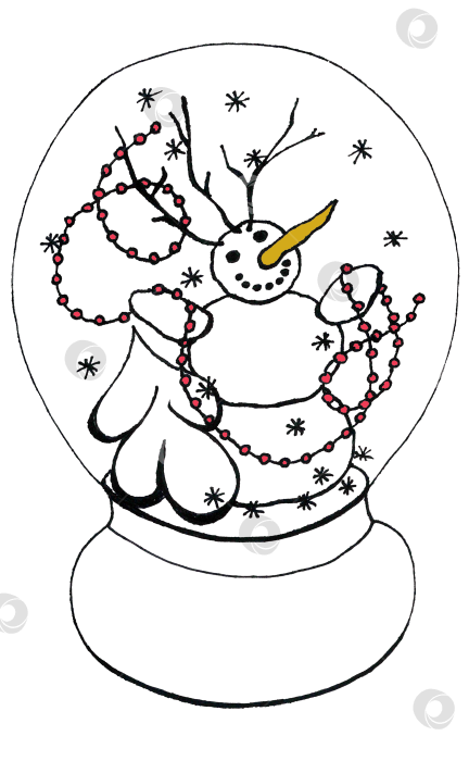 Скачать Праздничная зимняя черно-белая графическая иллюстрация. Рождественский волшебный шар с улыбающимся снеговиком, сияющей гирляндой и елкой. Изолированное изображение традиционного праздничного подарка. Милые новогодние обои. фотосток Ozero