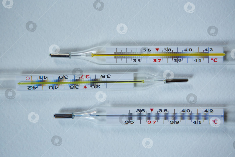 Скачать Три классических ртутных термометра со шкалой градусов Цельсия расположены на чистом белом фоне. Концепция выздоровления от инфекции и коронавируса. фотосток Ozero