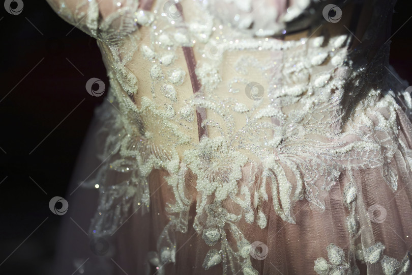 Скачать Свадебное или выпускное платье из элитных тканей с вышивкой, стразами и бисером. Розовое платье на манекене. фотосток Ozero