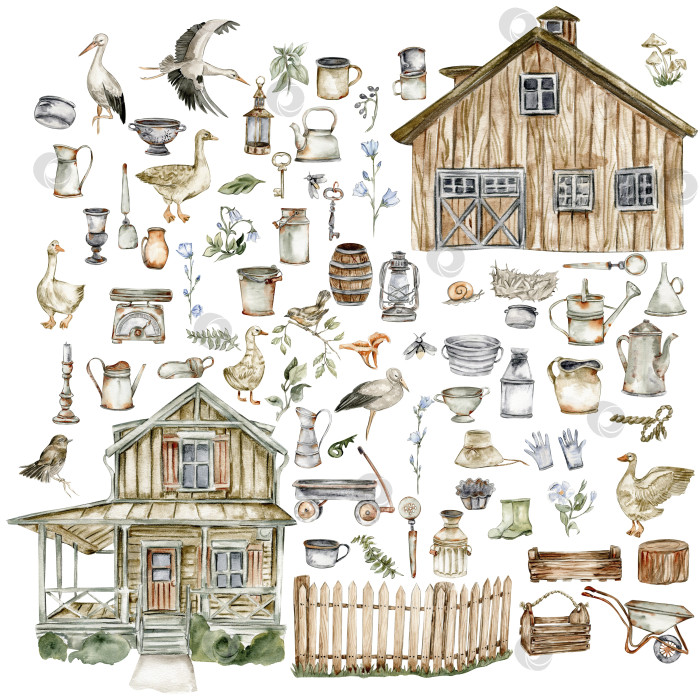 Скачать Акварельная иллюстрация старого деревенского деревянного дома и элементов фермы. Рисованная иллюстрация идеально подходит для свадебных приглашений, поздравительных открыток, плакатов. фотосток Ozero