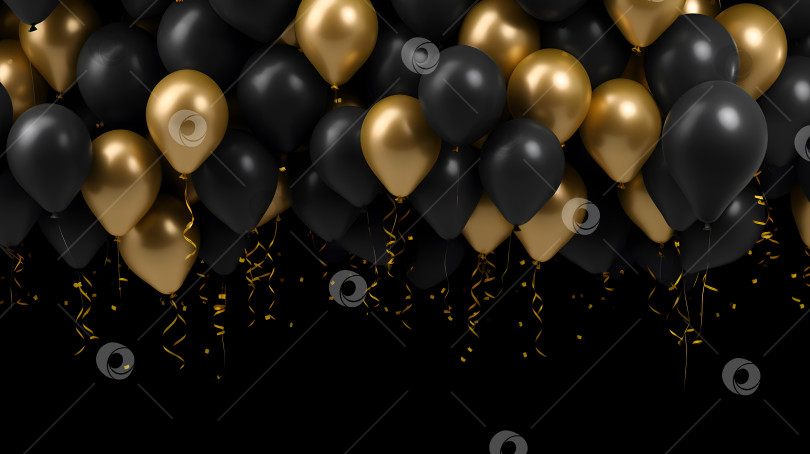 Скачать Баннер "Черная пятница" или "С днем рождения" с черными и золотыми воздушными шарами. Праздничный фон празднования с золотыми и черными воздушными шарами со змеевиком на темном фоне с пространством для копирования фотосток Ozero
