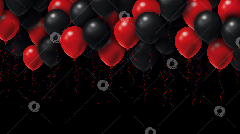 Красные и черные воздушные шары. Баннер Черная пятница или праздничный фон  для празднования с черными и красными воздушными шарами со змеевиком на  темном фоне с пространством для копирования. Шаблон поздравления с Днем