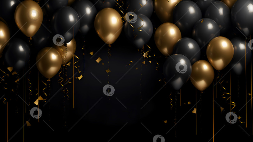 Скачать Черные и золотые воздушные шары. Баннер Черной пятницы или праздничный фон празднования с золотыми и черными воздушными шарами со змеевиком и золотыми блестками конфетти на темном фоне с пространством для копирования фотосток Ozero
