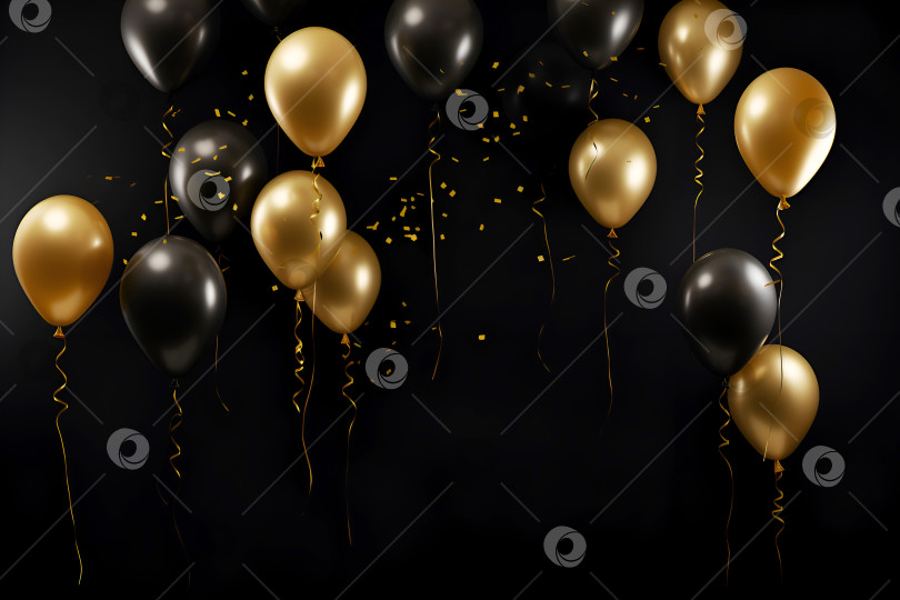 Скачать Баннер "Черная пятница" или праздничный фон для празднования с золотыми и черными воздушными шарами со змеевидными и золотыми блестками конфетти на темном фоне с пространством для копирования. Черные и золотые воздушные шары фотосток Ozero