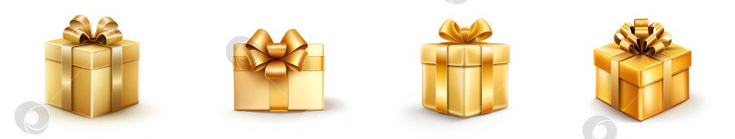 Скачать Набор значков золотой подарочной коробки, выделенных на белом фоне. Подарочная коробка "Черная пятница". Распродажа в черную пятницу или концепция "С днем рождения". Коллекция золотых подарочных коробок, обернутых золотой лентой с бантом фотосток Ozero