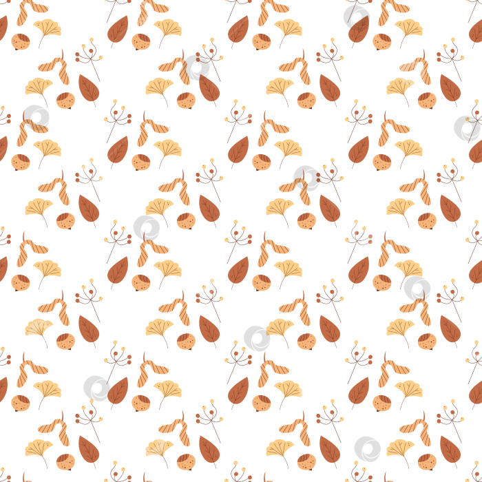 Скачать Бесшовный узор с орехами, семенами, листьями и ягодами. Цветная плоская векторная иллюстрация. фотосток Ozero