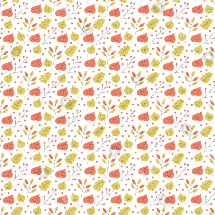 Скачать Бесшовный узор с абстрактными листьями и ягодами. Цветная плоская векторная иллюстрация. фотосток Ozero