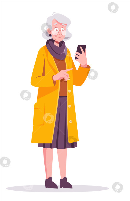 Скачать Пожилая симпатичная женщина разговаривает по телефону. Векторная иллюстрация в плоском стиле, изолированная на белом фоне. фотосток Ozero