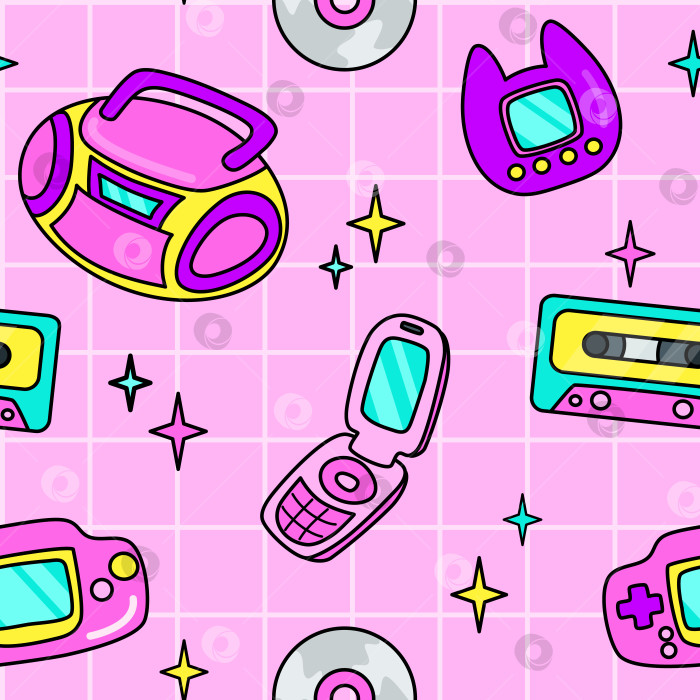 Скачать розовый бесшовный узор из электронных элементов 00-х годов в плоском мультяшном стиле. Магнитофон, компакт-диск, кассета, игровая приставка, мобильный телефон, японская игрушка. фотосток Ozero