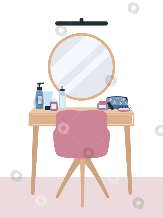 Скачать Туалетный столик с зеркалом и косметикой иллюстрация интерьера в плоском стиле. Элементы мебели для спальни, гардеробной. Векторная иллюстрация фотосток Ozero