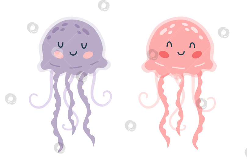 Скачать Набор мультяшных нарисованных от руки счастливых маленьких медуз на изолированном белом фоне. Изображение морских животных для логотипа, талисмана, дизайна. фотосток Ozero