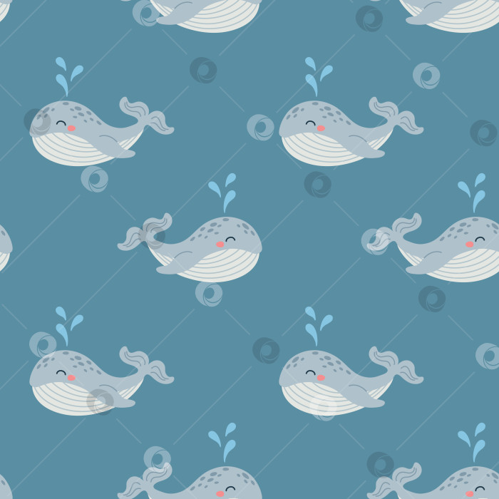 Скачать Бесшовный узор с милым мультяшным китом. Детский дизайн морских животных для печати, текстиля. фотосток Ozero