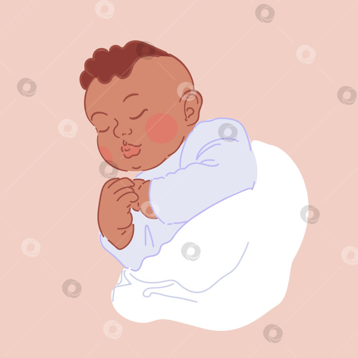 Скачать Милый маленький новорожденный чернокожий мальчик или девочка в полосатой футболке спит. Мягкая подушка. Время отхода ко сну. Эмблема эксперта по сну. Спокойный здоровый детский сон. Тренировка сна. иллюстрация в стиле эскиза фотосток Ozero