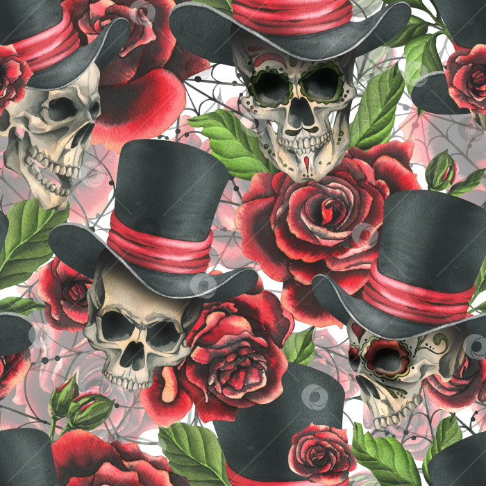Скачать Человеческий череп в цилиндре с красными розами и паутиной. Нарисованная от руки акварельная иллюстрация к Хэллоуину, дню мертвых, Диа-де-лос-муэртос. Бесшовный узор на белом фоне фотосток Ozero