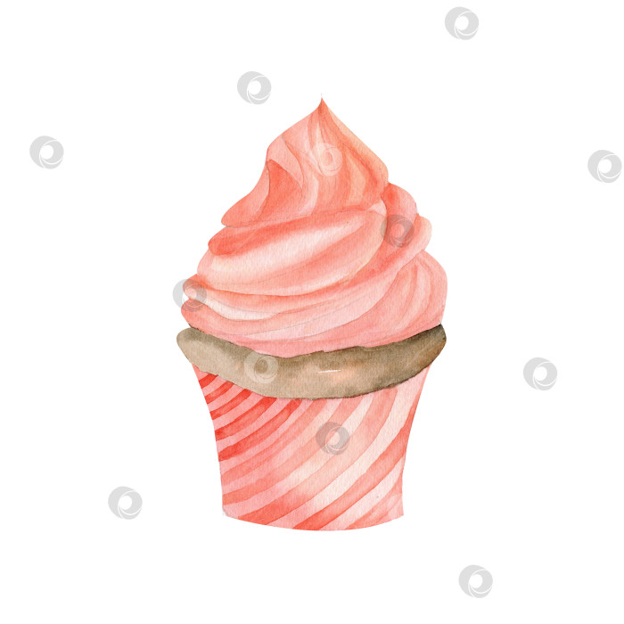 Скачать Акварельно-розовый кекс со взбитыми сливками. Рисованная иллюстрация сладкой еды для кафе, меню ресторана, дизайна упаковки на белом фоне фотосток Ozero